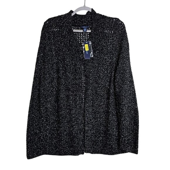 Westbound Sweaters - NWT WESTBOUND Open Knit Cardigan Sweater Top size L BLACK & SILVER Buttons Cozy